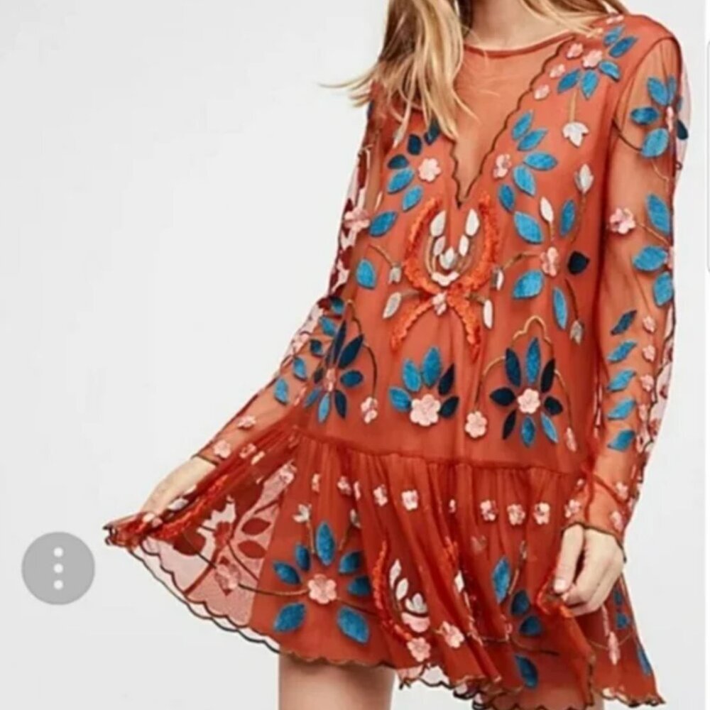 Free People NWT Hearts Are Wild Embroidered Mini Dress Tunic Long Sleeve Boho